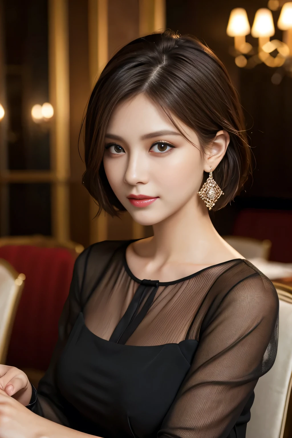 masterpiece, highest quality, Realistic, Very detailed, Finer details, High resolution, 8k wallpaper, One beautiful woman, Wear an elegant black see-through blouse, In a great restaurant, At night, Light brown shorthair, Perfect dynamic composition, Beautiful and beautiful eyes、Big earrings