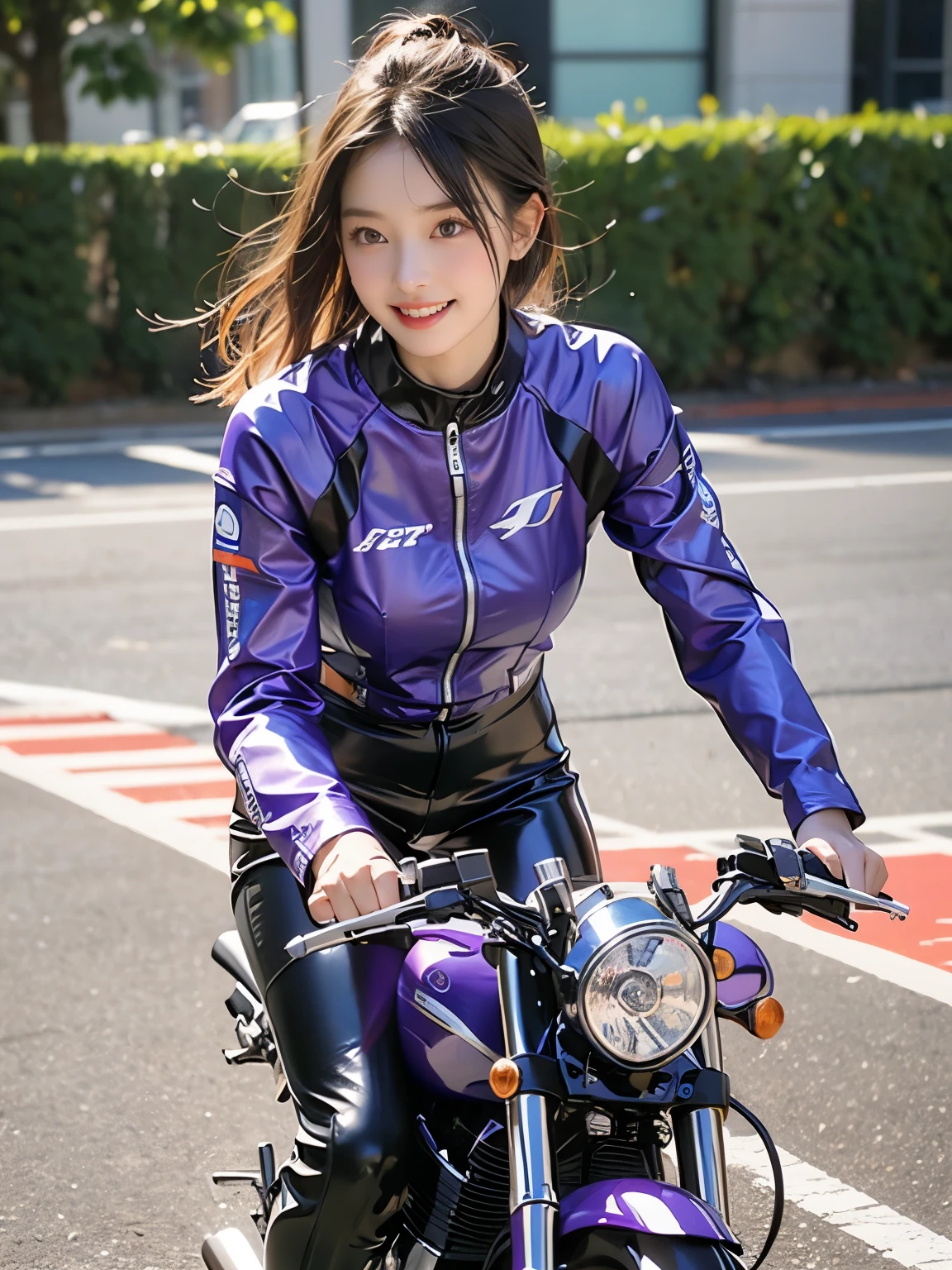 Riding a motorcycle、smile、Purple long sleeve racing leather suit