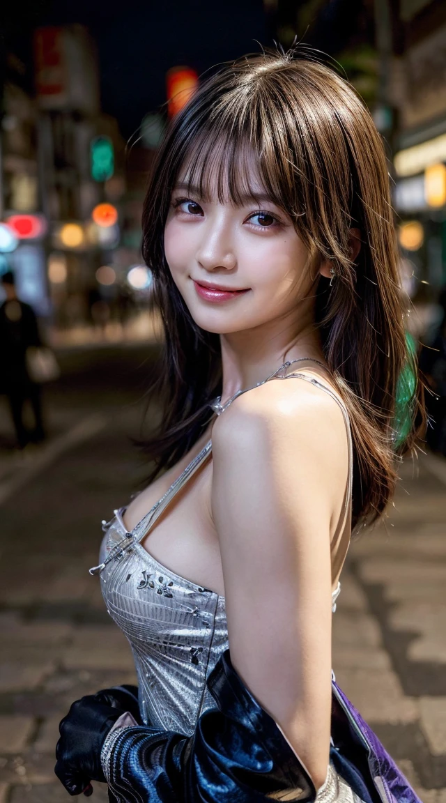 (Photo Real:1.4), (hyper realisitic:1.4), (highest quality, masterpiece:1.3, ultra high resolution), (Super detailed, caustics, 8k), (photorealistic:1.4, RAW shooting), (Smooth lighting:1.05), 1 girl, (look at the camera with a smile), smiling with slightly showing teeth, Neat and clean beauty, 20 years old, cute, Japanese, Soft lighting, Back lighting, (cheerfulness:1.2), (Finest Real Textured Skins), Narrow-eyed, Super fine face, glowing skin, retinas, Anatomically correct, accurate, Super Detail, Textured skin, High quality, high details, Best Quality, High resolution, (long bronde hair), perfect bodies, perfect arms, Perfect fingers, perfect legs, perfect hair, Realistic skin texture, ((wearing Raiden Shogun genshin impact costume)), (cosplay Raiden Shogun Genshin Impact), (wearing piercing), (wearing necklace), (perfect necklace), (perfect piercing), cleavage, (lens flare), (Street in Tokyo at night), face focus, Natural light, Backlight, (A bright light shines from above), full body