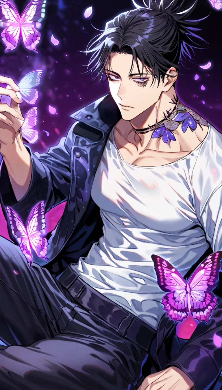 Ultra detailed, Highres, absurdres, HDR, Choso, black hair, expressive purple eyes, black coat with patterns, Jujutsu Kaisen, white shirt, fantasy, glittering purple butterflies, petals, handsome, sexy man, solo, very detailed eyes and face, master piece, toned chest, glittering, purple flowers, sitting, tattoo on his neck, black pants, purple background