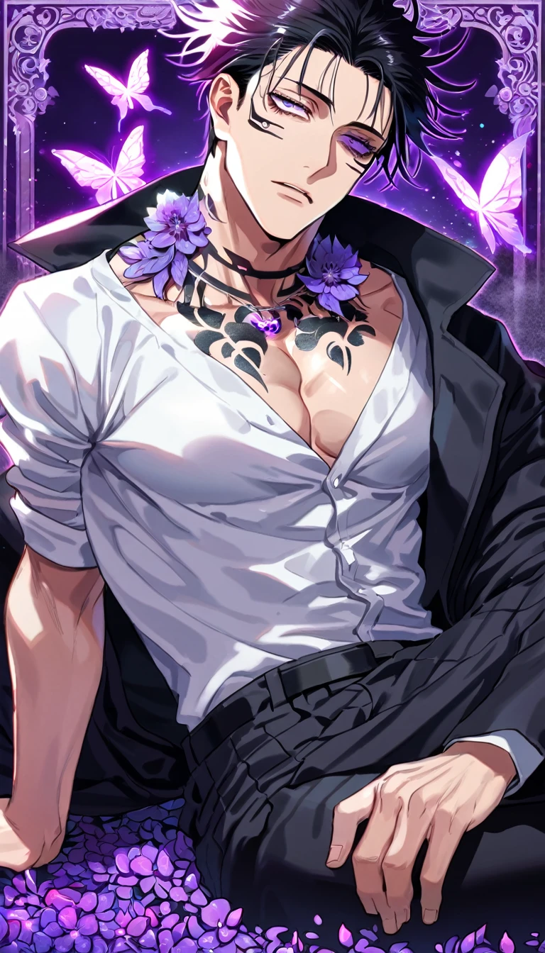 Ultra detailed, Highres, absurdres, HDR, Choso, black hair, expressive purple eyes, black coat with patterns, Jujutsu Kaisen, white shirt, fantasy, glittering purple butterflies, petals, handsome, sexy man, solo, very detailed eyes and face, master piece, toned chest, glittering, purple flowers, sitting, tattoo on his neck, black pants, purple background