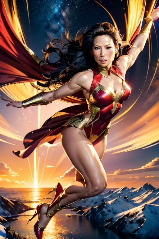 Lucy Liu cosplay as Shazam in full classic red and gold costume, Hero Flying Woman, Masterpiece, Best Quality, High Contrast, (Photorealistic:1.4), 8k High Definition Detailed Realistic, (Best Quality, Masterpiece:1.2), Physically-Based Rendering, Best Quality, Highly Detailed, 1 Woman, Caped, Flying, ((Upper Body in Motion, Muscular Frame)), ((Colorful Costume, Bright and Vibrant)), legacy effects, Cinematic Lighting, ((Dynamic Poses, Flying Postures)), (Beautiful Face, Strong Jawline, Defined Cheekbones), ((Long, Wavy Hair, Hair Trails behind)), (((