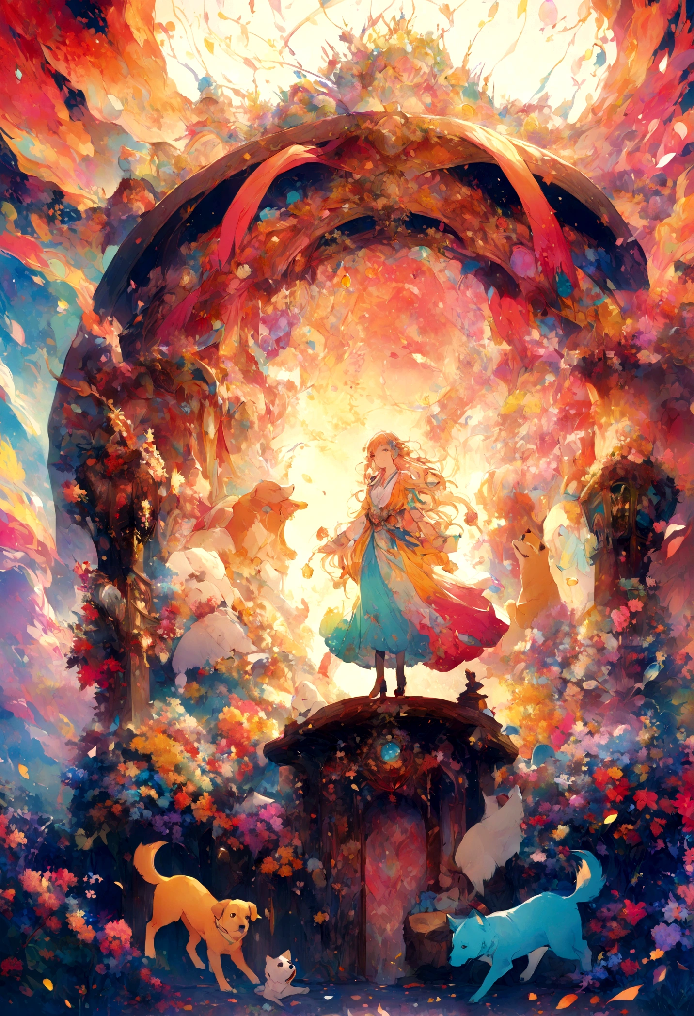 Create a high-resolution 8K image in the style of Japanese 2D anime featuring a dog. The scene should be mystical and enchanting, with a bright and colorful atmosphere. The setting should be vibrant and filled with fantastical elements, creating a whimsical and otherworldly feel. The dog should be the central figure, surrounded by vivid colors and intricate details to evoke a sense of wonder and magic.