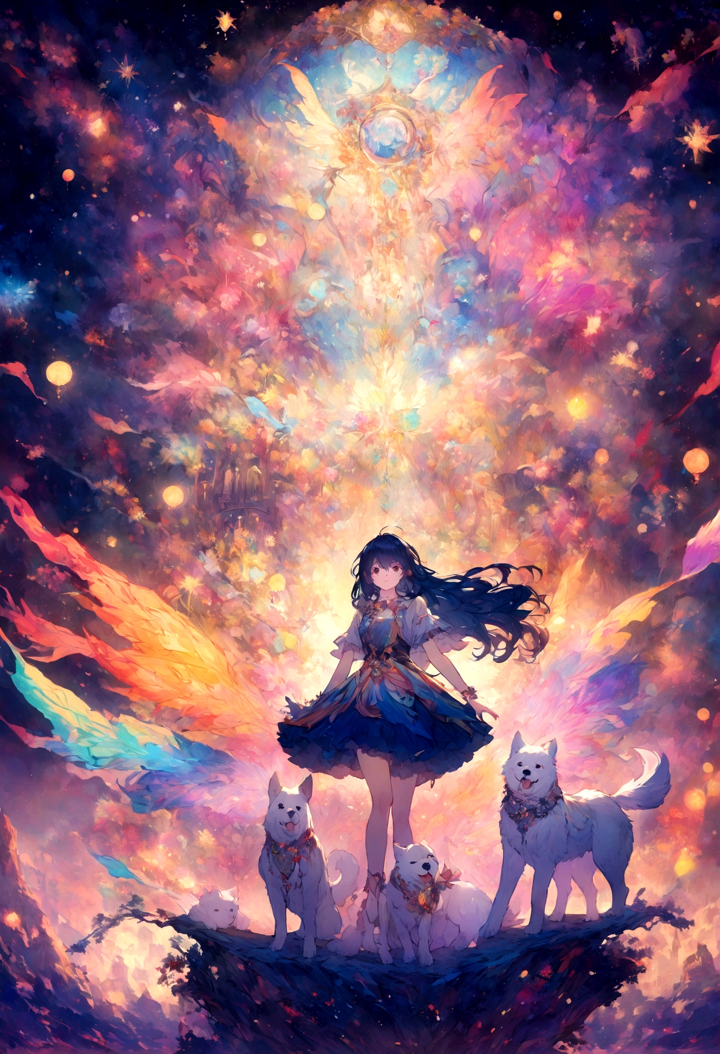 Create a high-resolution 8K image in the style of Japanese 2D anime featuring a dog. The scene should be mystical and enchanting, with a bright and colorful atmosphere. The setting should be vibrant and filled with fantastical elements, creating a whimsical and otherworldly feel. The dog should be the central figure, surrounded by vivid colors and intricate details to evoke a sense of wonder and magic.