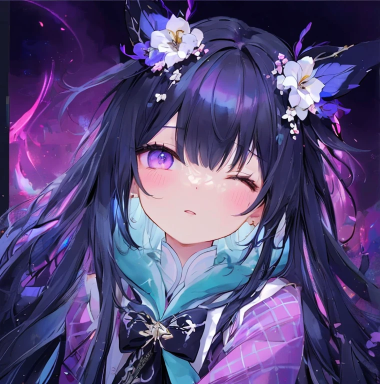 most(most好的质量,8k,masterpiece:1.2)(Granular shiny eyes,Bright shining eyes,intricate irises,Delicate lashes,Detailed eyeliner strokes:1.1)。Half purple,Half black,blue。Pink Eyes。(charming,Shy,astringent:1.2)。Clear eyes,Ultra Detailed,Watercolor style,fairy tale主题,color palettes。拥have美丽精致的眼睛和甜美的微笑,It creates a warm and inviting atmosphere。强调astringent。Add a touch of sexiness to the scene。have(muted pastels)。fairy tale,Light,Fighting Spirit Awakening Series Skin Color。Yandere,Q version avatar,Open one eye and close one eye。(DetAiled left eye closed,The delicate iris of the right eye:1.2),Fierce eyes。(Masculine,astringentastringent的,Long hair: 1.3)