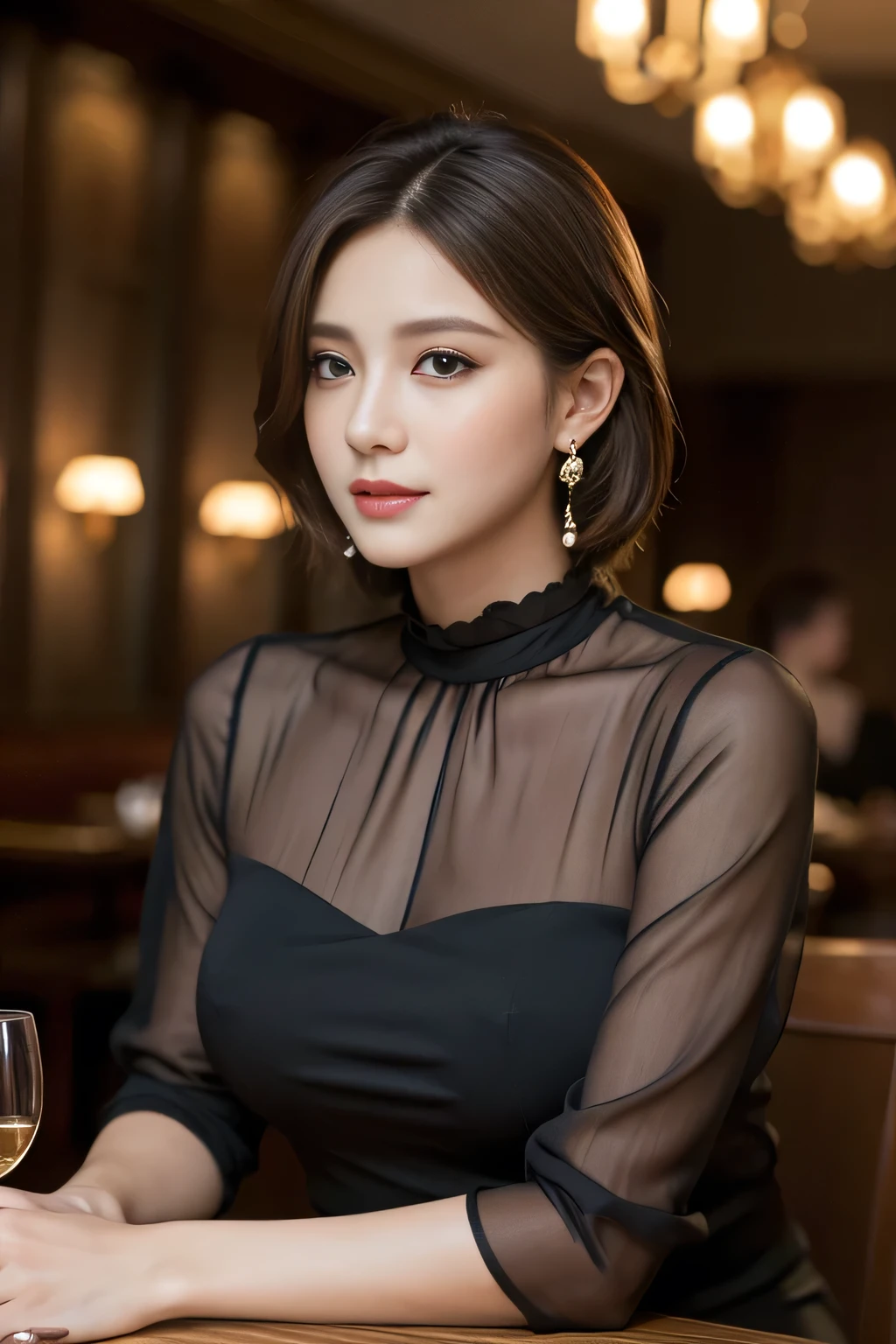masterpiece, highest quality, Realistic, Very detailed, Finer details, High resolution, 8k wallpaper, One beautiful woman, Wear an elegant black see-through blouse, In a great restaurant, At night, Light brown shorthair, Perfect dynamic composition, Beautiful and beautiful eyes、Big earrings