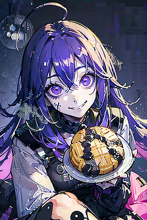 Cookie themed anime girl with long purple hair smiling at you with evil eyes holding plate of cookies, full body shot, horror
