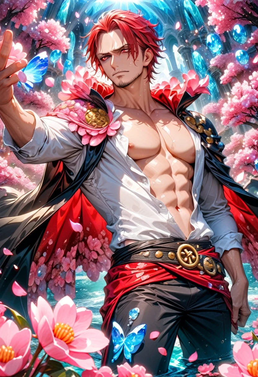 absurdres, highres, ultra detailed, HDR, master piece, best quality, Shanks, red hair, expressive red eyes, one piece, solo, sexy man, handsome, toned chest, black cape, white shirt, magical, fantasy, water, pink flowers, pink blossoms, pink butterflies, pink petals