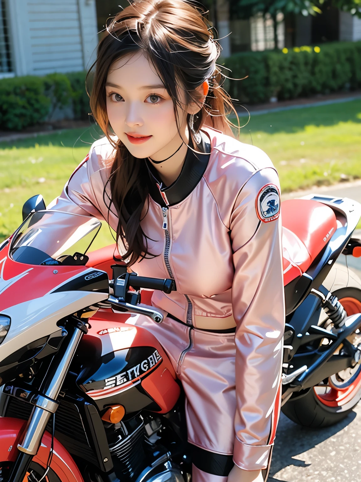 Riding a motorcycle、smile、Pink long sleeve racing leather suit