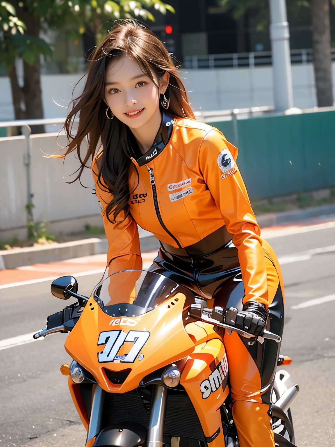 Riding a motorcycle、smile、Orange long sleeve racing leather suit