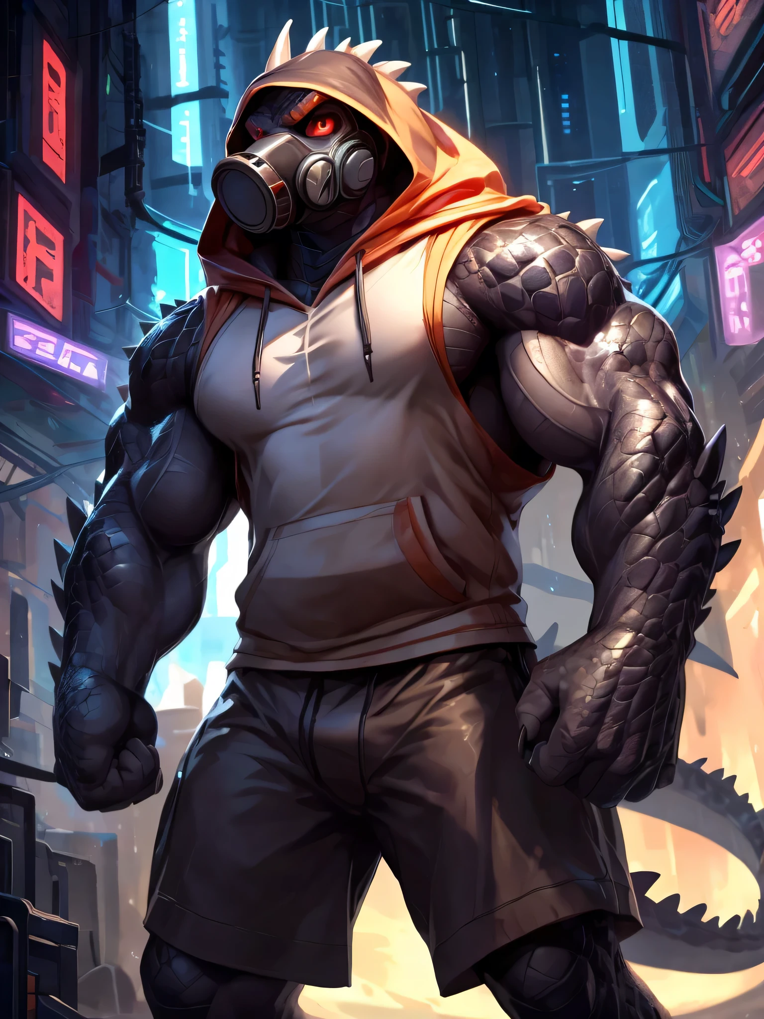 solo, anthro, furry male, crocodile, ((Spiny scales, scales, detailed muscles)), (Crocodile print), black scales, white belly, spiny scales, standing up, mask, gas mask on mouth, valves on mask, clear tubes on mask, sports shorts, long shorts, black claws, red eyes, slit eyes, slim fit, muscular slim, holding fist forward, cyberpunk background, cyber upgrades, crazed look, menacing, raging, angry, detailed eyes, pecs, hood, tail, long tail, standing up, hands in pockets, looking at viewer, (orange sleeveless hoodie), (Masterpiece, by null-ghost, hi-res, 8k), sleeveless hoodie, face sideways, leaning forward