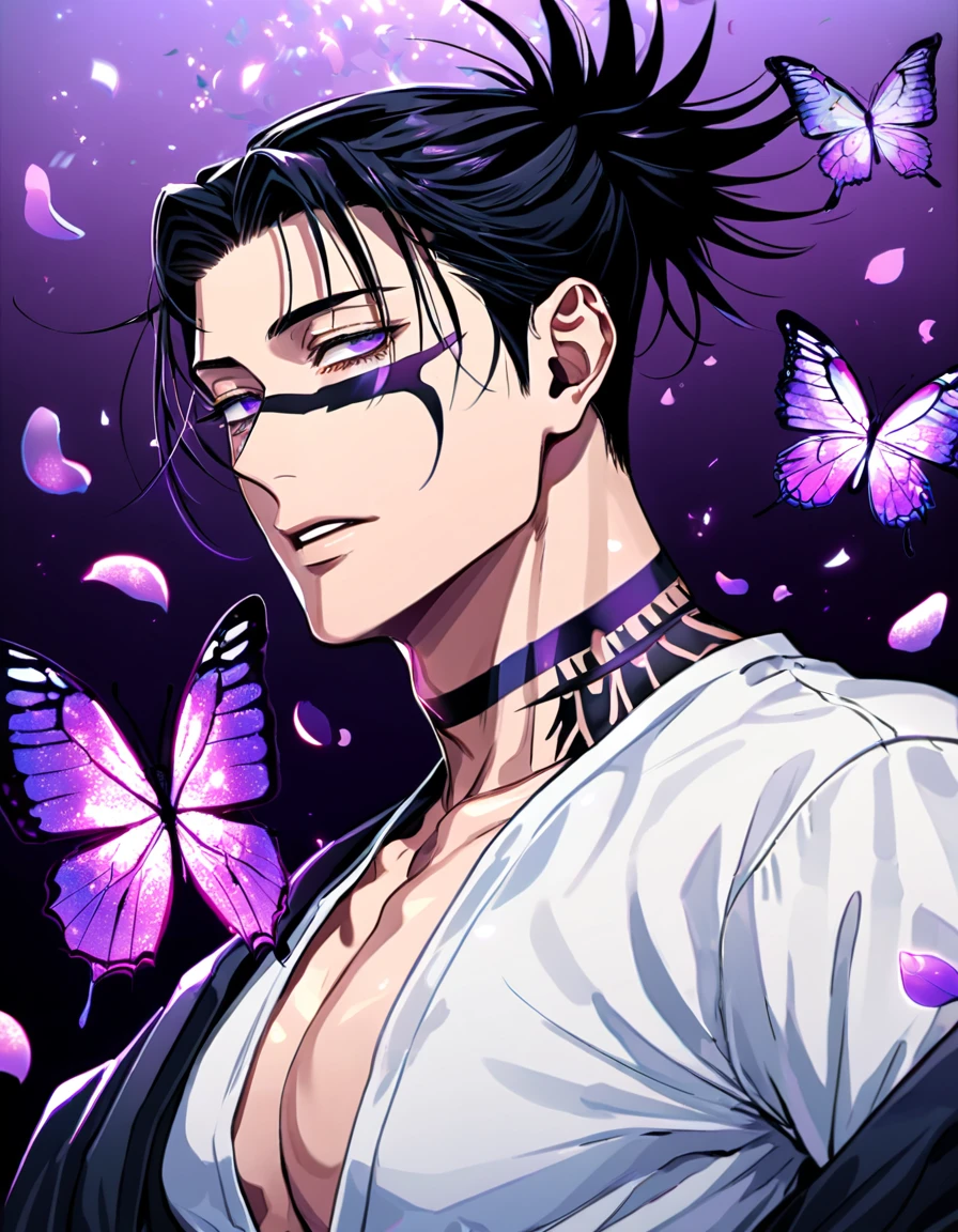 absurdres, highres, ultra detailed, HDR, master piece, best quality, Chrollo Lucilfer, black hair, expressive brown eyes, blue earrings, hunter x hunter, solo, sexy man, handsome, black cross tattoo on his forehead, toned chest, black leather coat, purple butterflies, petals, purple flowers, magical, fantasy, glittering