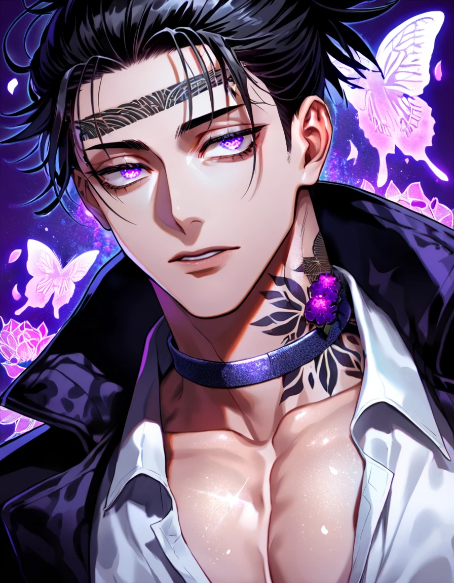Ultra detailed, Highres, absurdres, HDR, Choso, black hair, expressive purple eyes, black coat with patterns, Jujutsu Kaisen, white shirt, fantasy, glittering purple butterflies, petals, handsome, sexy man, solo, very detailed eyes and face, master piece, toned chest, glittering, purple flowers, tattoo on his neck, purple background
