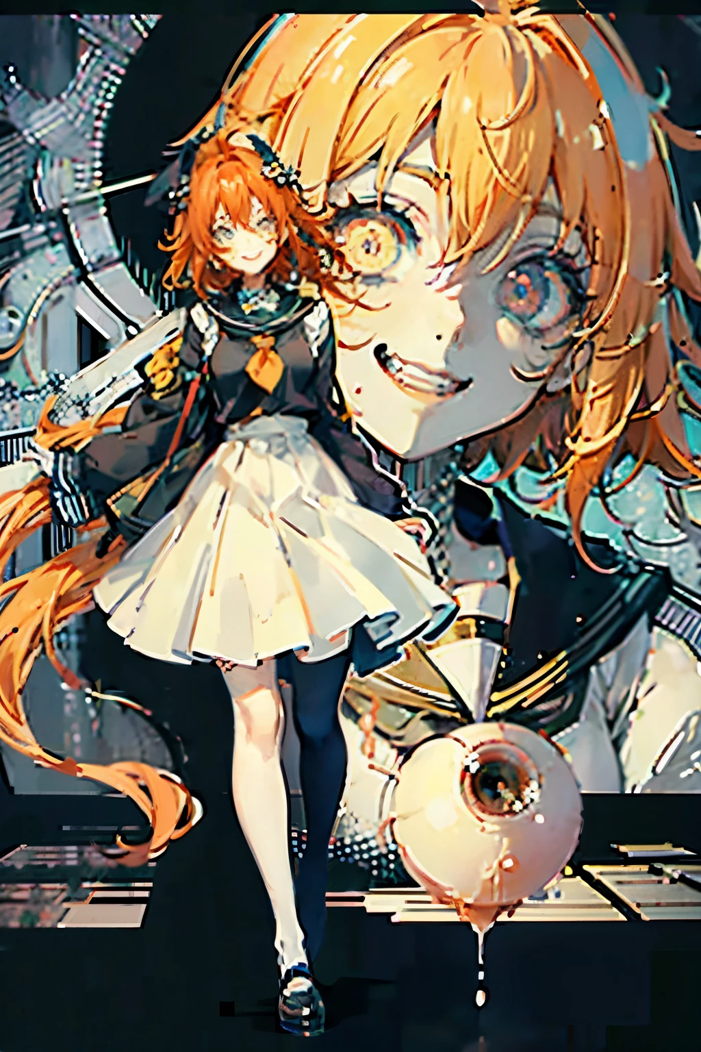 Jello anime girl with orange hair smiling at you with evil eyes, full body shot, horror