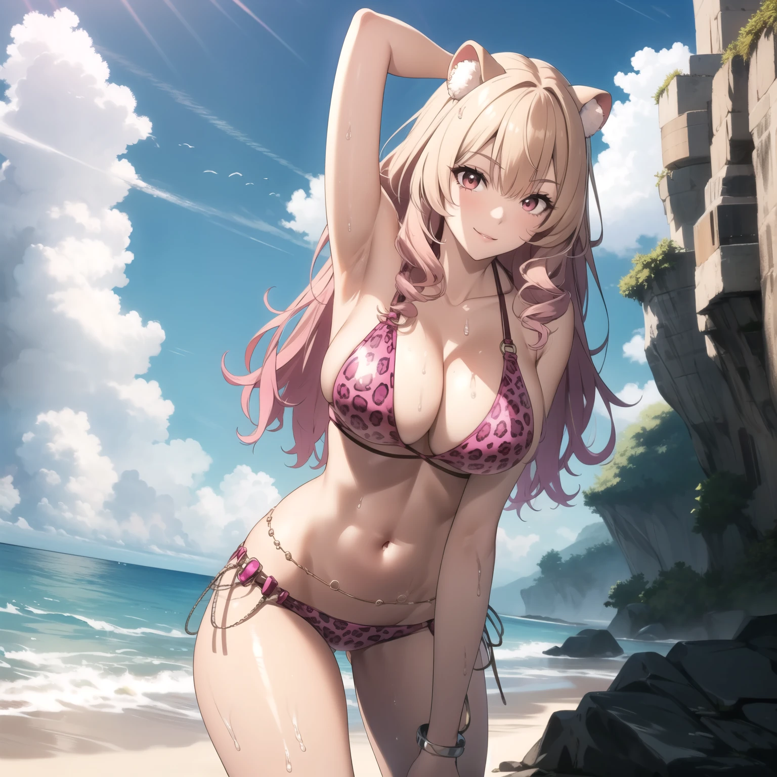 Raphtalia woman 35 years old blonde hair with pink tips , orejas de oso redondeadas, red eyes like ruby., sonrisa coqueta, pale skin, pechos grandes, pink jaguar design bikini, , orejas de oso, pose sexy, fondo una playa. pechos enormes, gotas de agua en su pecho. cuerpo mojado, cabello mojado, agua salpicando. cabello rubio.