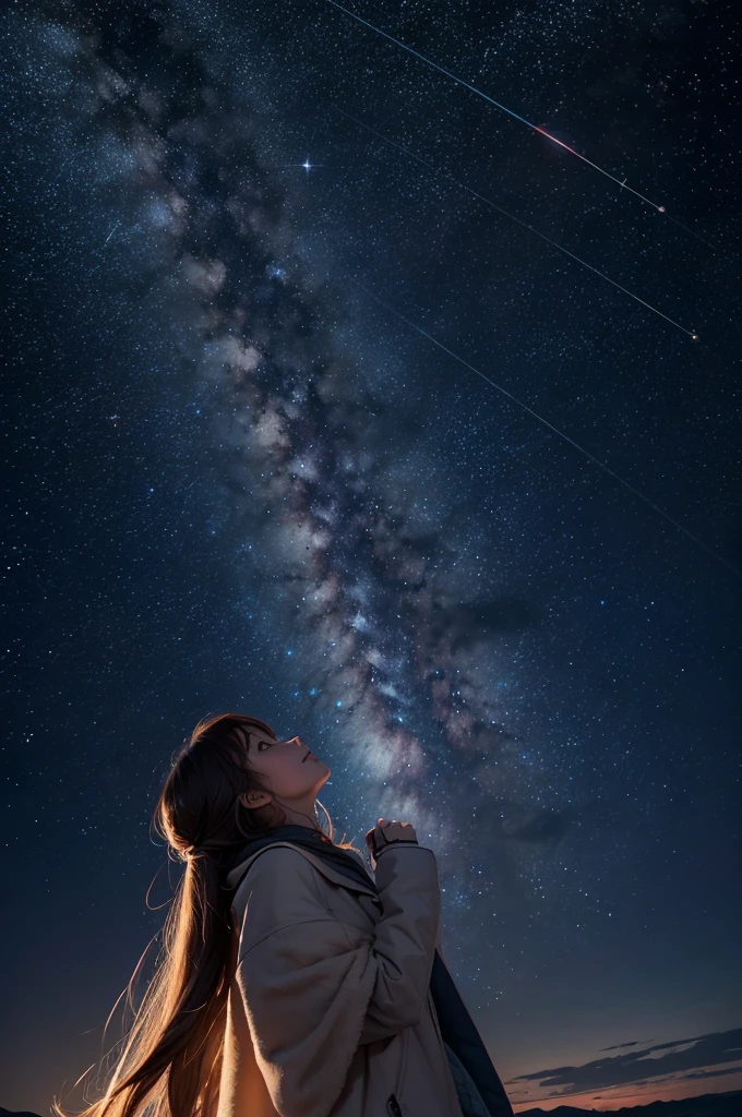 A starry sky,Meteors,8k,Beautiful night sky,Girl looking up at the sky,Long Shot,Wide Shot
