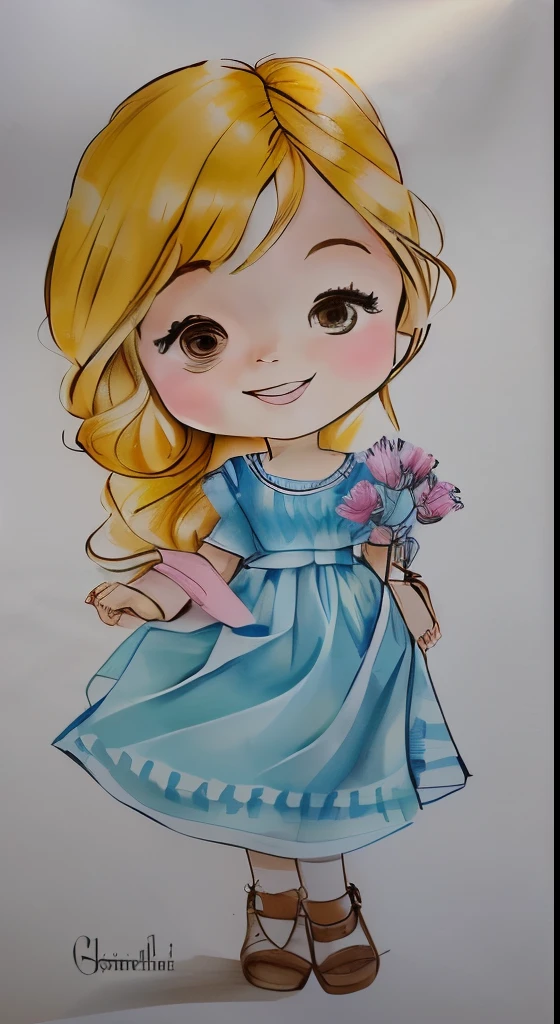 um close do desenho de uma garota sorrindo, shy girl with flower in hand, garota de vestido, inspirado em Claire Hummel, desenho fofo, desenho de desenho animado, por Cicely Hey, garota chibi, desenho colorido, retrato de uma linda garota, vestido e rosto detalhados, personagem de desenho animado fofo, fofo de desenho animado, desenho colorido, caricatura, jovem, marca d'Water:-1