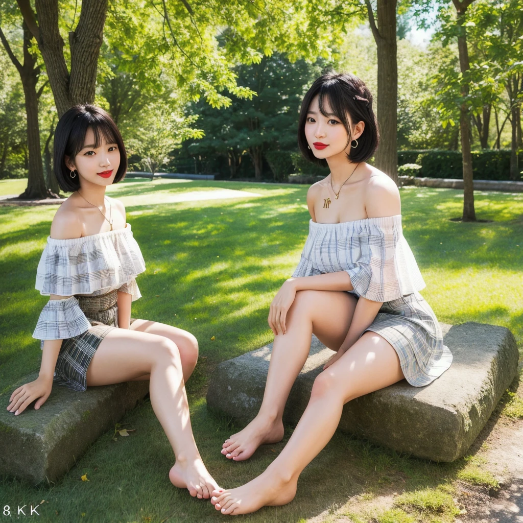 (8k, Photorealistic, Raw photo, Highest quality: 1.4),Japanese idol style1Beautiful girl of the person,18-year-old,Short bob hairstyle,Blackの髪,She has her hair tucked behind her ears,She has small earrings in her ears,Big, clear grey eyes,Long eyelashes,Plump Cheeks,She is wearing pink lipstick,Apply gloss over your lipstick for glossy, plump lips,Smiling,A short pendant is hanging around her neck.,両手の爪にBlackのマニキュアを塗っている,両足の爪にBlackのマニキュアを塗っている,(Wearing a summer knit on bare skin,(Off the shoulder,Plain,White :1.7)),I can see her cleavage,(Wearing a pleated skirt,(Plaid,Black :1.6)),(garden,(Under the tree,On the grass)),(sit,(barefoot,Crossing your legs :1.7)),(She places her hands between her legs),She is surrounded by the gentle sunlight filtering through the trees.,Angle from the front,Full body portrait