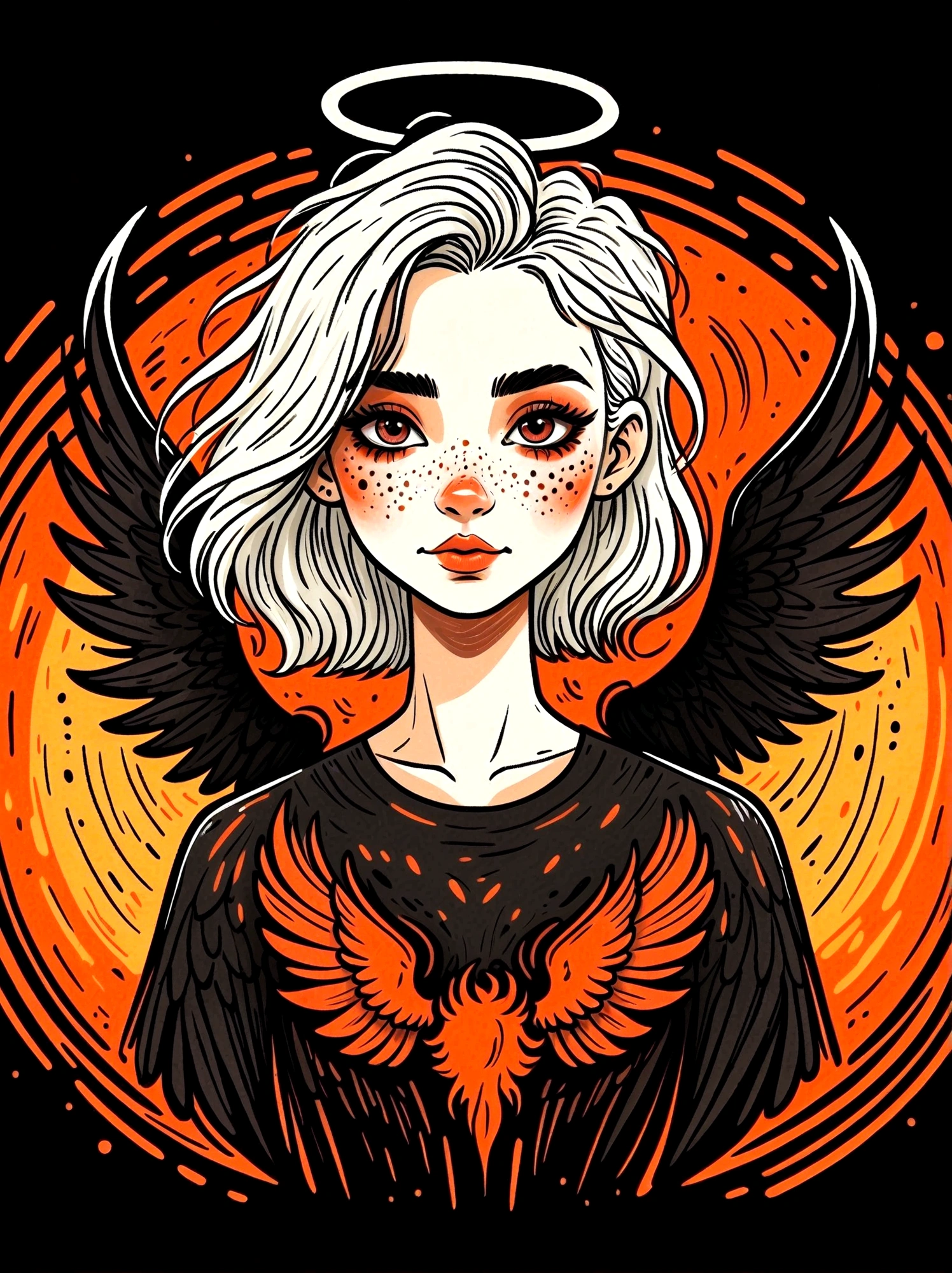 Cartoon hand drawn, 1 Girl, solo, Heterochromia, white hair, Black Hair, Split topics, Angel, devil, wing, The color palette is in red, orange and black tones and has a sketchy style, The background should have a simple hand-drawn doodle pattern