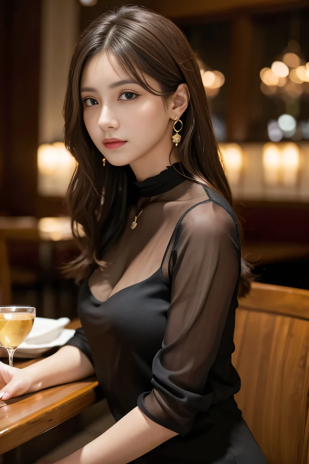 masterpiece, highest quality, Realistic, Very detailed, Finer details, High resolution, 8k wallpaper, One beautiful woman, Wear an elegant see-through black blouse, In a great restaurant, At night, Light brown messy hair, Perfect dynamic composition, Beautiful and beautiful eyes、Big earrings、Sitting in a chair、