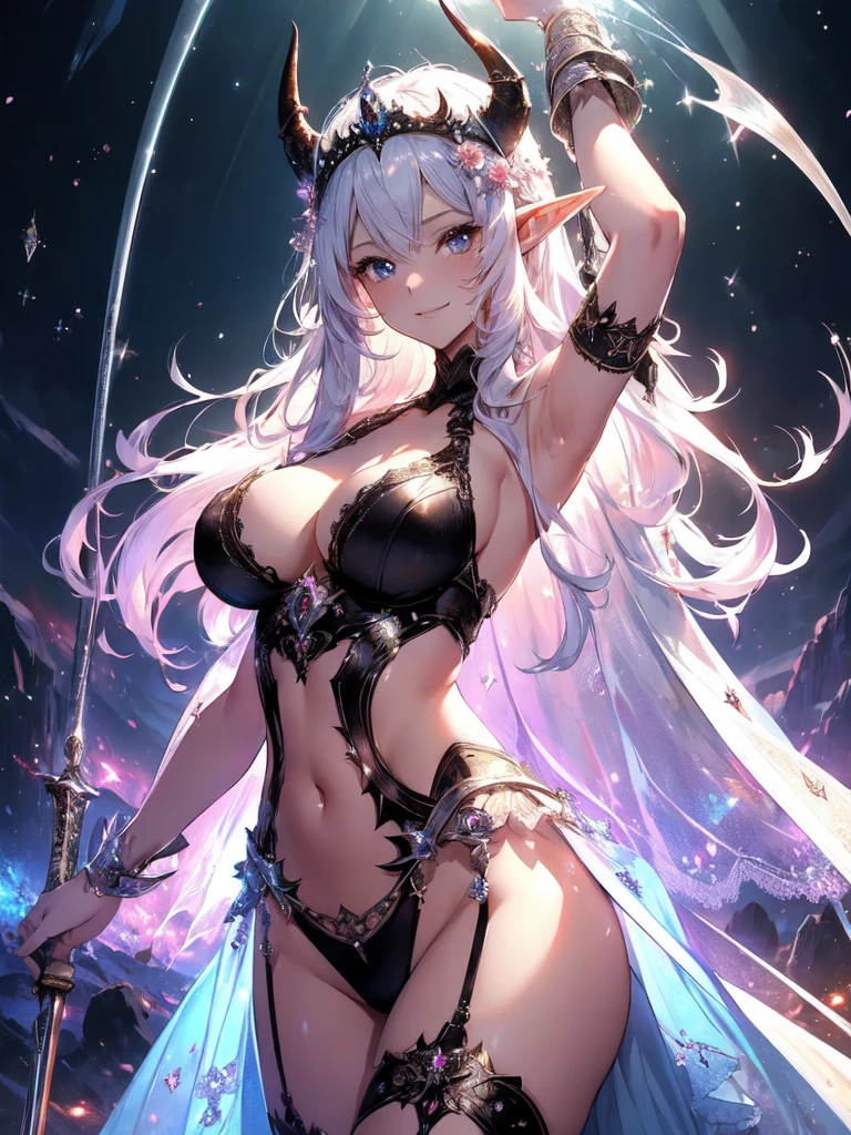 最高quality、1 woman elf、The Strongest Succubus,、Bigger on the screen、cowboy shot ,Magnificent devil bone decoration、Giger-esque Intense movement、Welcome with open arms、Big welcome!、Flashy Effects、Giant demon staff、 NP: 最悪のquality , fractal art ((Giant Sword、))((sexy ))SMqueen、、Bigger on the front、 Beautiful sparkle,High-definition depiction, Realistic, 8k, Unity, ,Bold shots,、黒colorに輝く翼、、 light smile, Beautifully and vividly drawn, , Beautiful, beautiful, clear skin、A beautifully decorated magic wand with a sparkling glow、Giant horns、 demon king、tiara、Beautifully decorated horns、 , Beautiful Landscape、 Romanticism,mosquito。 The most beautiful form of chaos, Mr..々color, Intertwined flowers, P article,Magical gentle light,smile,,image quality、masterpiece、Beautiful Face、、Bust 90,Beautiful long ironed hair、Silver Hair、height: 165cm。、Esbian、、高quality、、Visual Arts、最high quality、1 woman elf NP: Worst quality ,beautiful fractal art Marble pillar、Spectacular landscapes、、light、Beautiful radiance,High-definition depiction, Realistic, 8k, Unity, , light smile, Beautifully and vividly drawn, , Beautiful, beautiful, clear skin、 ((see-through bodystocking,))Countless rays of light pouring down, Swirling Light, big. Romanticism,Cowboy Shot: quality