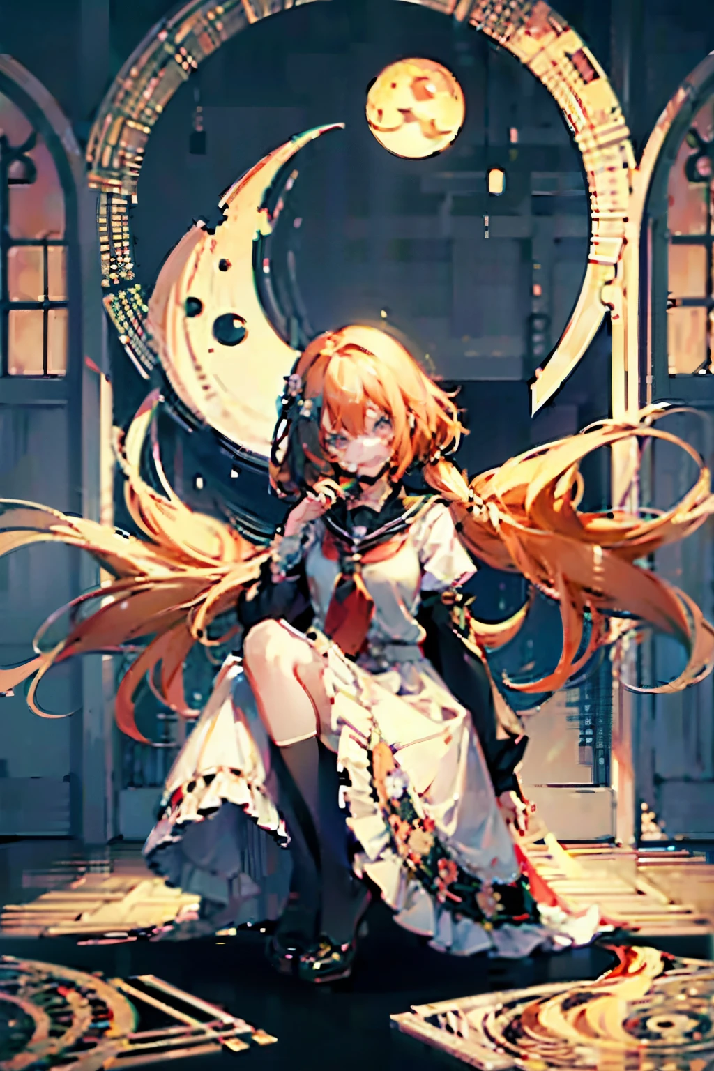 Pie themed anime girl with peach hair smiling at you with evil eyes, full body shot, horror