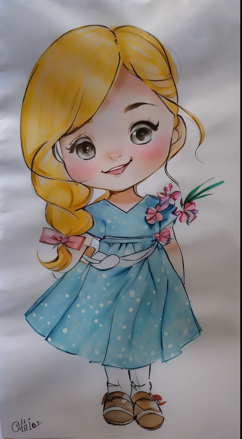 um close do desenho de uma garota sorrindo, garota de vestido, inspirado em Claire Hummel, desenho fofo, desenho de desenho animado, por Cicely Hey, garota chibi, desenho colorido, retrato de uma linda garota, vestido e rosto detalhados, personagem de desenho animado fofo, fofo de desenho animado, desenho colorido, caricatura, jovem, marca d&#39;Water:-1