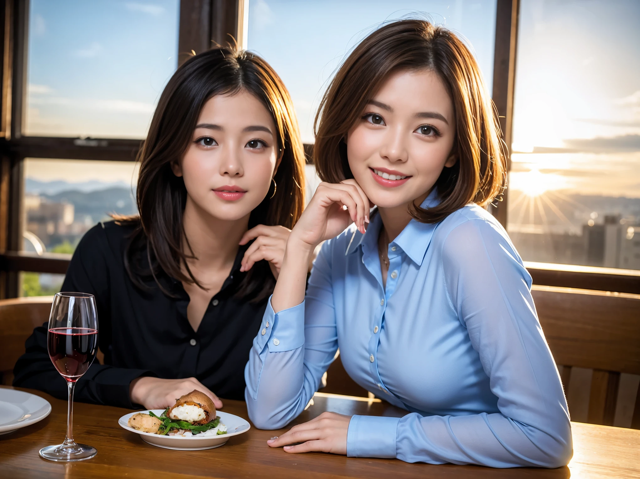 ((highest quality、8k、masterpiece:1.3))、Satomi Ishihara lookalike beauty、1 male、1 female、Couple、Spouse、half、The body is slim、((Bob Hale、Straight hair:1.2)), (Realistic, Intricate details:1.2), Wine glass on the table、Shine light on your face、 Amazing view of the sunset sky and clouds、Amazing mountain views、A bright smile、The wonderfulness of smile、Bright image、The beauty of wine, Beautiful Face, blue eyes, The light shines on your face, Blushing, short hair,Bright Face、 (Age 37), 39 years old, red wine 、Appetizers、Italian food、Wine bottle、Champagne、sparkling wine、Two beauties、Brown Hair、Shortcuts、Long sleeve shirt、dress、Pretty Woman 1, (Slim face), (The body is slim), (Brown Hair), (Shortcuts), cheeks turn a little red,Attractive beauty、restaurant, In a prominent place (From the waist up) Nova Frog Style, actress, model, Upper Body, White wine, slim, wine glass, A wine glass placed in the center, smile, (smile: 1.15), Beautiful fine grain, Depth f/2,saturation, High Contrast, Strong light and shadow,Moist Body:1.5、3D texture、Delicate eyes、Brown Hair、The hair is very shiny、