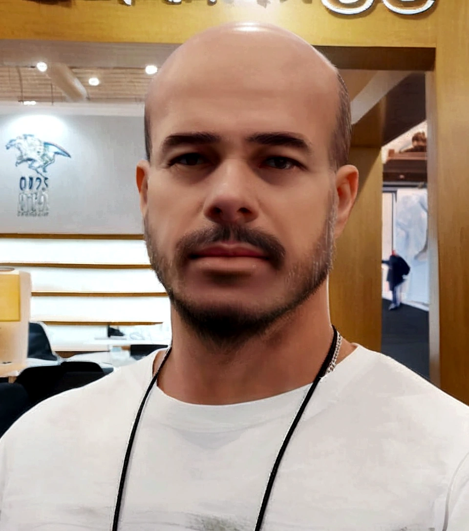 a bald man with a beard wearing a white shirt, standing in front of a shoe store, pixar style, highly detailed, photorealistic, 8k, (best quality,4k,8k,highres,masterpiece:1.2),ultra-detailed,(realistic,photorealistic,photo-realistic:1.37),HDR,UHD,studio lighting,ultra-fine painting,sharp focus,physically-based rendering,extreme detail description,professional,vivid colors,bokeh
