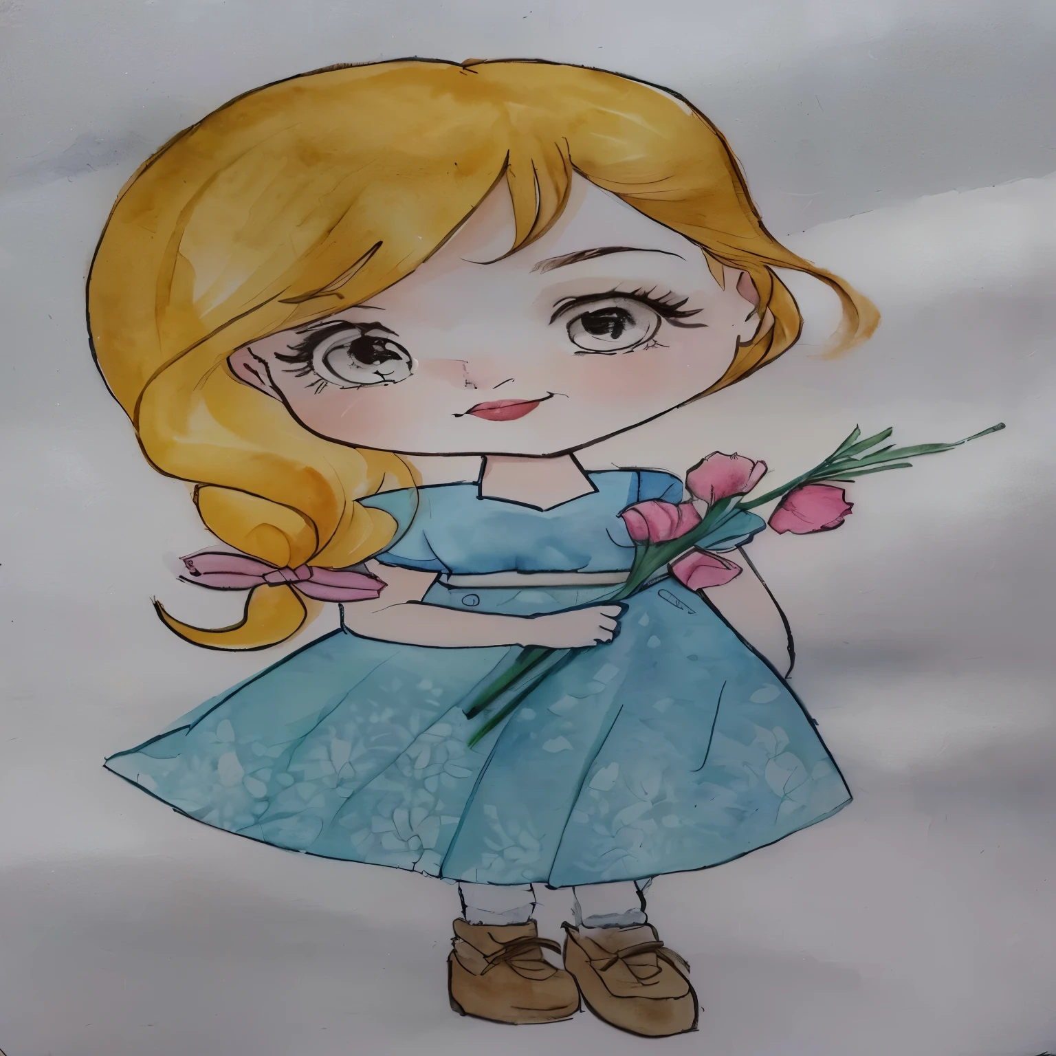 there is a drawing of a woman holding a flower, inspirado em Claire Hummel, caricatura, powder Nándor Katona, em estilo cartoon, garota chibi, aquarela e caneta, desenho de desenho animado, por Károly Lotz, por Ilka Gedő, aquarela, por Alice Prin, retrato fofo