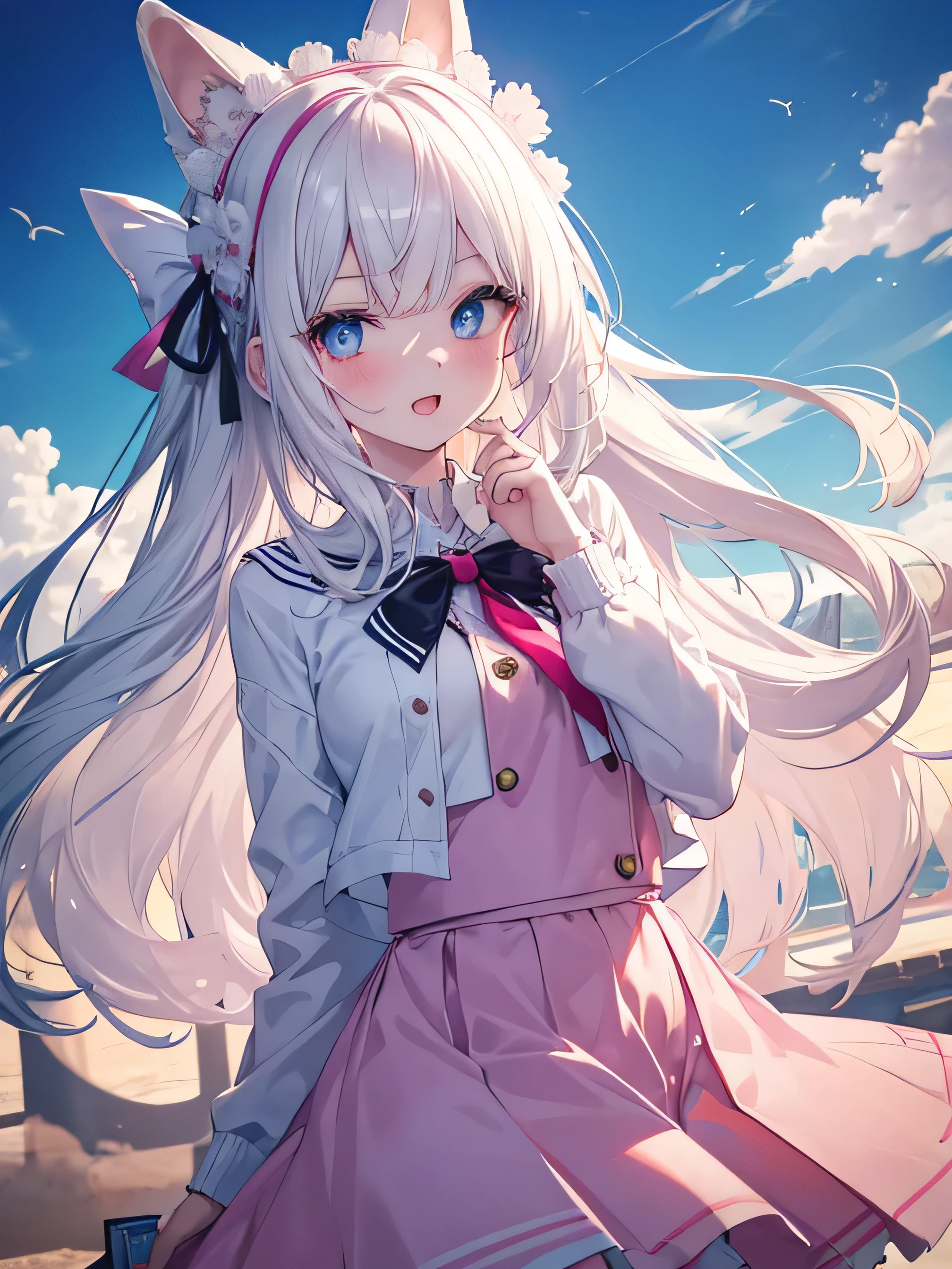 Masutepiece, Highest Quality, (Perfect face:1.1), (high detailing:1.1), (ultradetailed eyes), Dramatic,superfine illustration,Extremely detailed,1girl in,teenager,(pale skin),long white hair,Ethereal eyes,Blue eyes, With eyes highlights,with heart-shaped eyes,Solo,Smile,Happy,Laugh,Enjoy, Open mouth,Pouty lips,Cinematic lighting, Cowboy Shot, looking down, falling, seifuku white pink, pink skirt, bunny headband,outdoor,bluesky,sunny