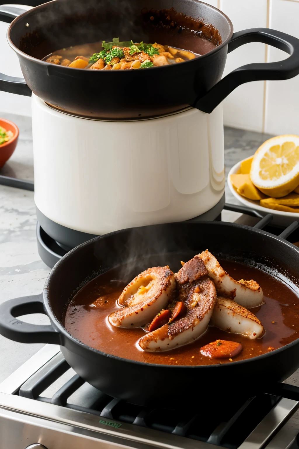 pulpo cocinero con una olla de barro cocinando con un logo pal hambre