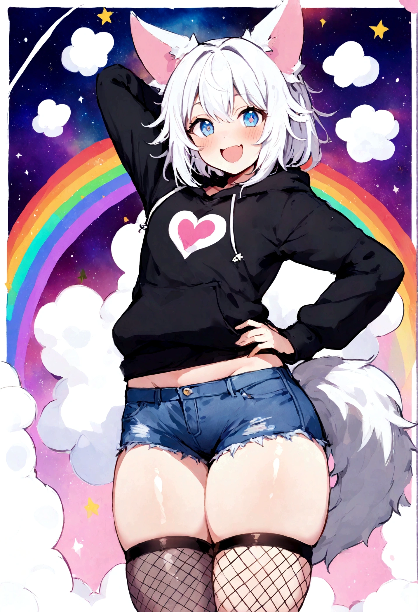 a cute adult male with wolf ears, white hair, has a wolf tail, wearing a loose cropped oversized black hoodie, wearing a pair of denim short shorts and thigh high fishnet stockings, thick thighs, wide hips, relaxing on mound of fluffy multi colored kawaii plushies, short, very slim, showing slender tummy, stretching out, heart on hoodie, squishy thighs, has glowing blue eyes. alone, solo (ALONE)(SOLO), surrounded by rainbows, colorful galaxy backround, mouth wide open grin, very happy, excited, nice 
