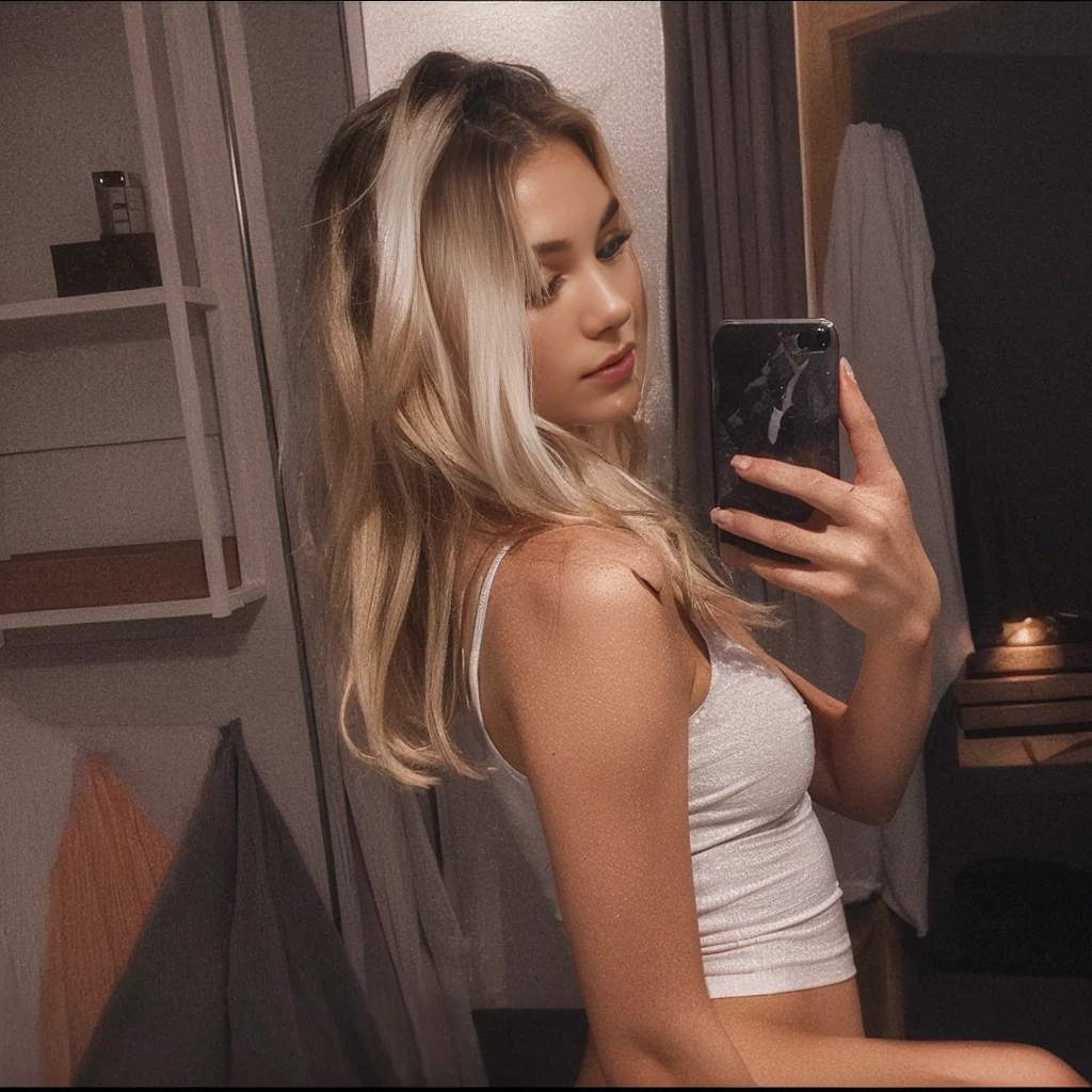 Photo of a young blonde girl taking a selfie in her bedroom, in front of a mirror. The girl is naked. She's wearing sneakers. You can see her breasts and vagina. She is on a bed