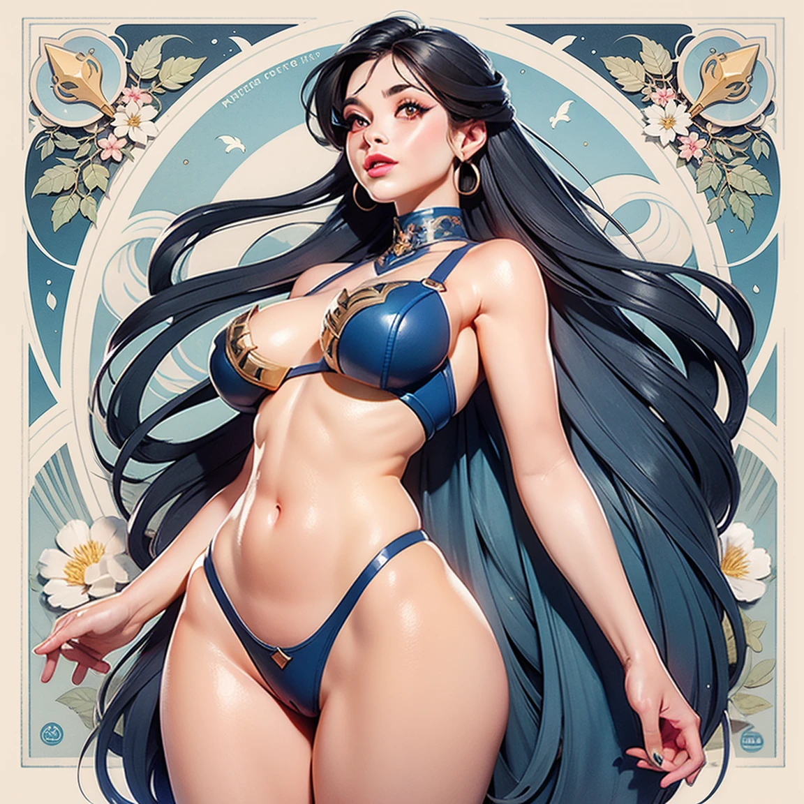 ((masterpiece)), (best quality), (Work), Art Nouveau watercolor painting , moon goddess , big breasts，The nipples are prominently prominent，robe，thong，show navel，exposed cameltoe，detailed big eyes, long hear, thick eyelashes, plump lips, light blue eyes, hair long and thick, high ponytail, chubby, flowery_background, Intricate designs and patterns in the style of Alphonse Mucha, from below.