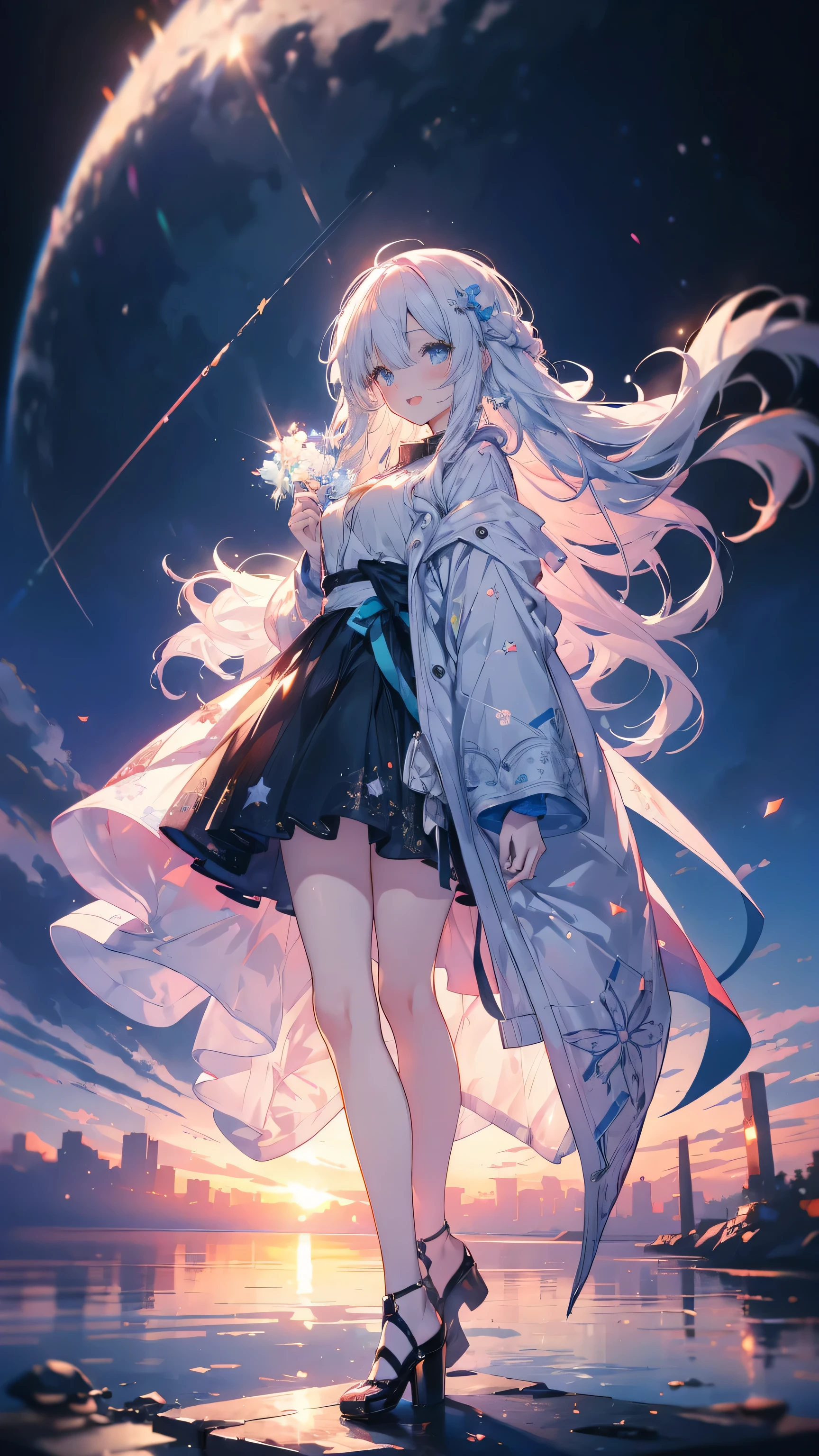 In the great outdoors, hay、A beautiful woman with blue eyes was standing there, her white hair blowing in the wind.. In her hand, she has a star shaped floating object.、Staring at the meadow under the starry sky, ((full body Esbian、Standing picture)) Women remain in harmony with nature,、It is a guardian deity that protects the earth. Protecting nature with the power of stars、beautiful anime girls, zerochan art, digital art on pixiv, guweiz on pixiv artstation, nightcore, pixiv, anime girls, trending on artstation pixiv, beautiful anime art style, beautiful anime artwork, (ultradetailed eyes), Dramatic, superfine illustration, Extremely detailed, 1girl in,ager, (pale skin), long white hair, Ethereal eyes, Blue eyes,blush,Solo,Smile, Happy, Laugh, Enjoy, Open mouth, Pouty lips,Cinematic lighting, Looking at Viewer,Cowboy Shot,Long sleeve