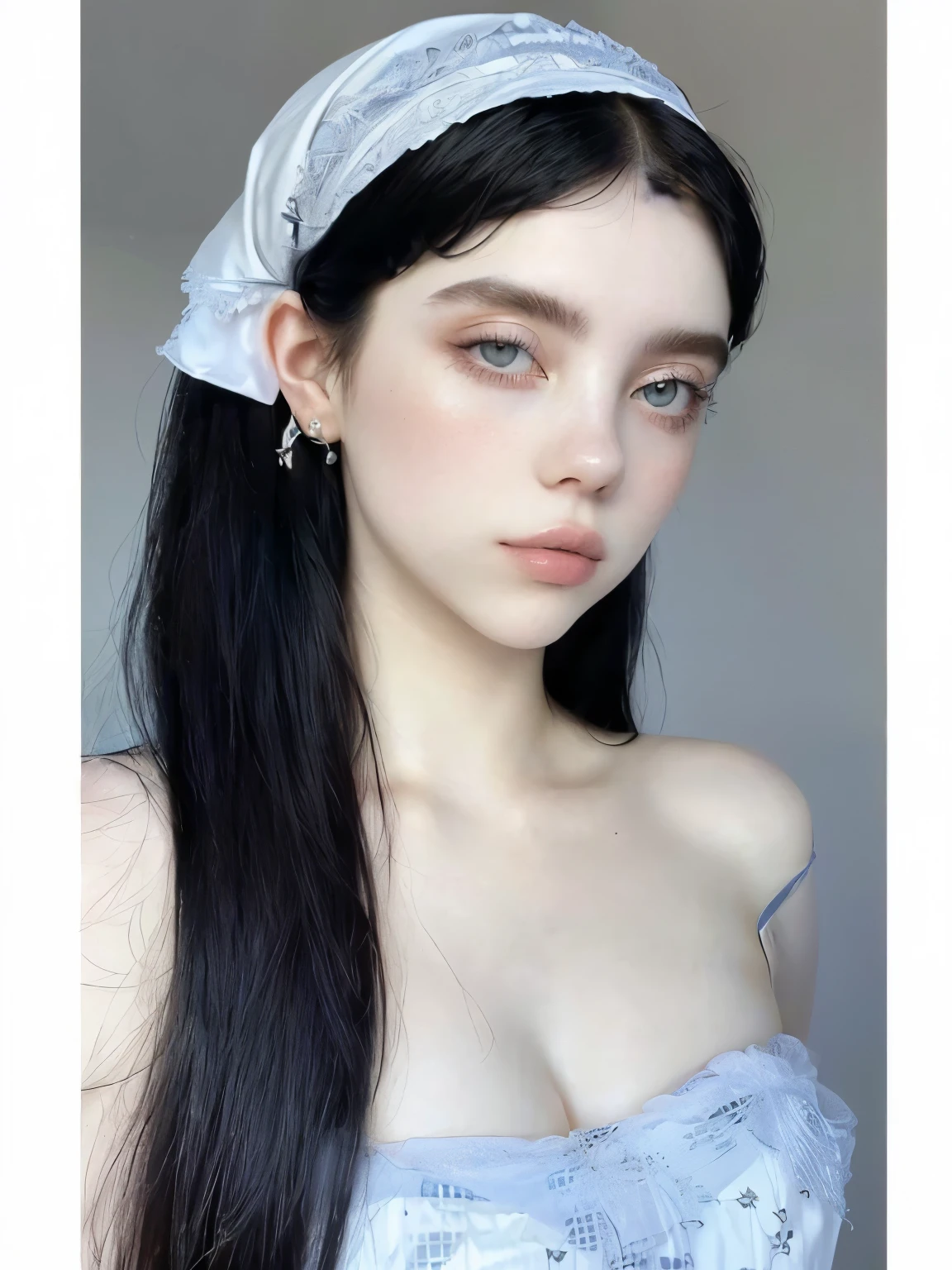 a closeup of a woman with a headscarf, hermoso rostro estetico, pale skin, suave e impecable, cara perfecta ), pelo negro y ojos grandes, pale skin suave natural, pale skin y brillante, bella poarch, con coletas negras, bella delfina, cara extremadamente hermosa, 18 years, pale skin y hermosa, pale gothic beauty, Anna Nikonova aka Newmilky