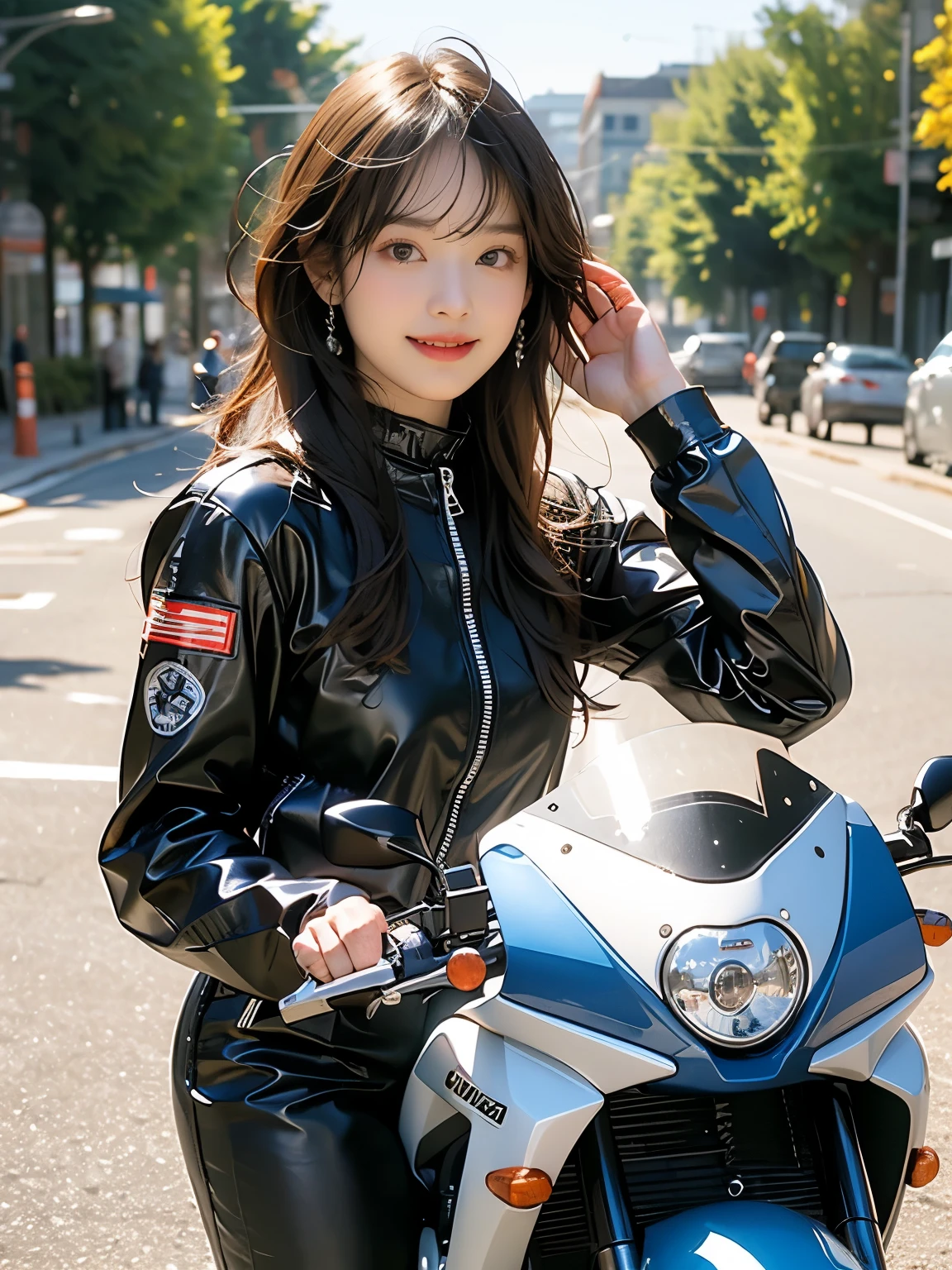 Riding a motorcycle、smile、Brown long sleeve racing leather suit