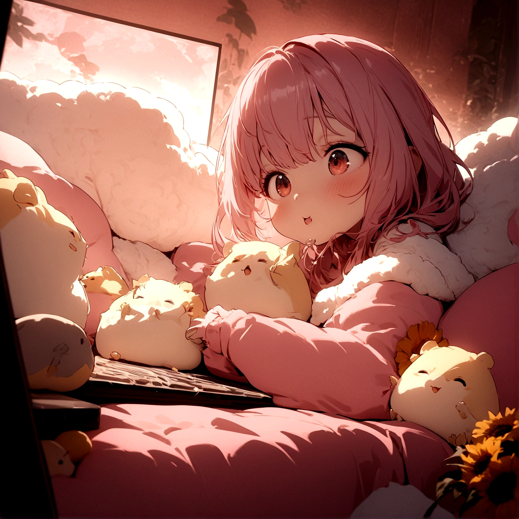 (masterpiece, highest quality), Anthropomorphic chick,fluffy、 Pink room with intricate details、 fluffyのクッションとベット, With intricate details, Cinematic, Dynamic Lighting