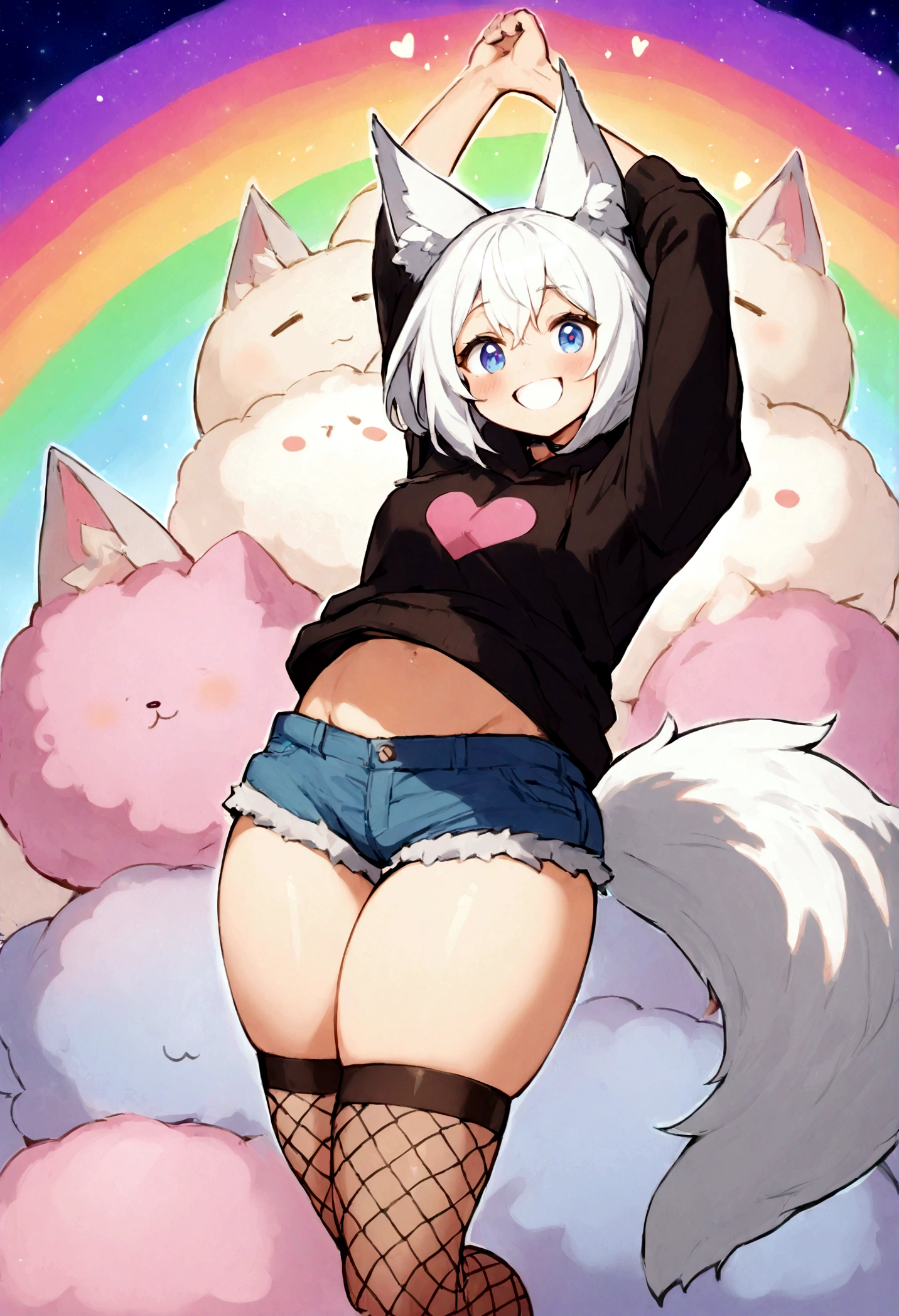 a cute adult male with wolf ears, white hair, has a wolf tail, wearing a loose cropped oversized black hoodie, wearing a pair of denim short shorts and thigh high fishnet stockings, thick thighs, wide hips, relaxing on mound of fluffy multi colored kawaii plushies, short, very slim, showing slender tummy, stretching out, heart on hoodie, squishy thighs, has glowing blue eyes. alone, solo (ALONE)(SOLO), surrounded by rainbows, colorful galaxy backround, mouth wide open grin, very happy, excited, nice butt