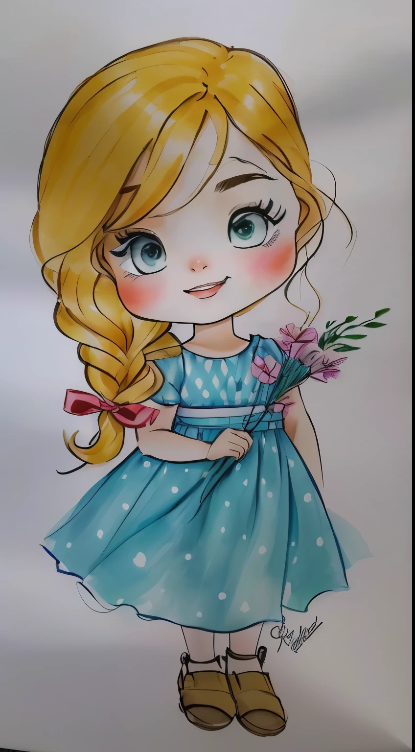 um close do desenho de uma garota sorrindo, garota de vestido, inspirado em Claire Hummel, desenho fofo, desenho de desenho animado, por Cicely Hey, garota chibi, desenho colorido, retrato de uma linda garota, vestido e rosto detalhados, personagem de desenho animado fofo, fofo de desenho animado, desenho colorido, caricatura, jovem, marca d'Water:-1