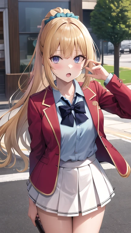 masterpiece, best quality, highres, bbkei, long hair, blonde hair, ponytail, hair scrunchie, collarbone, blue bowtie, collared shirt, blue shirt, red jacket, blazer, open jacket, long sleeves, pleated skirt, white skirt, outdoors, standing, cowboy shot,