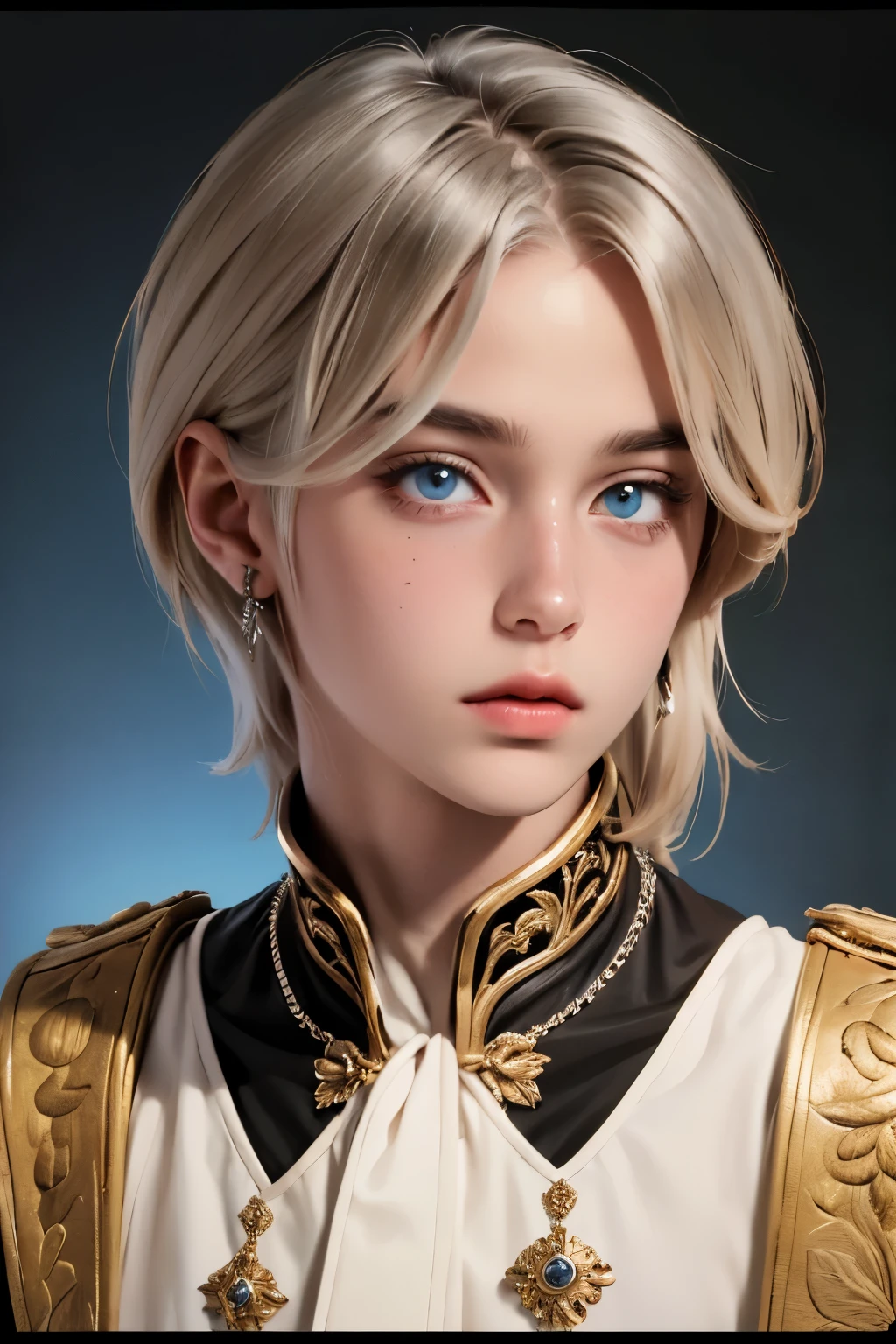 a young 18 year old boy, cute appearance, wearing light colored royal attire with silver details, ((very light hair)), bright crystal blue eyes, ((cute and highly detailed face)), elegant pose