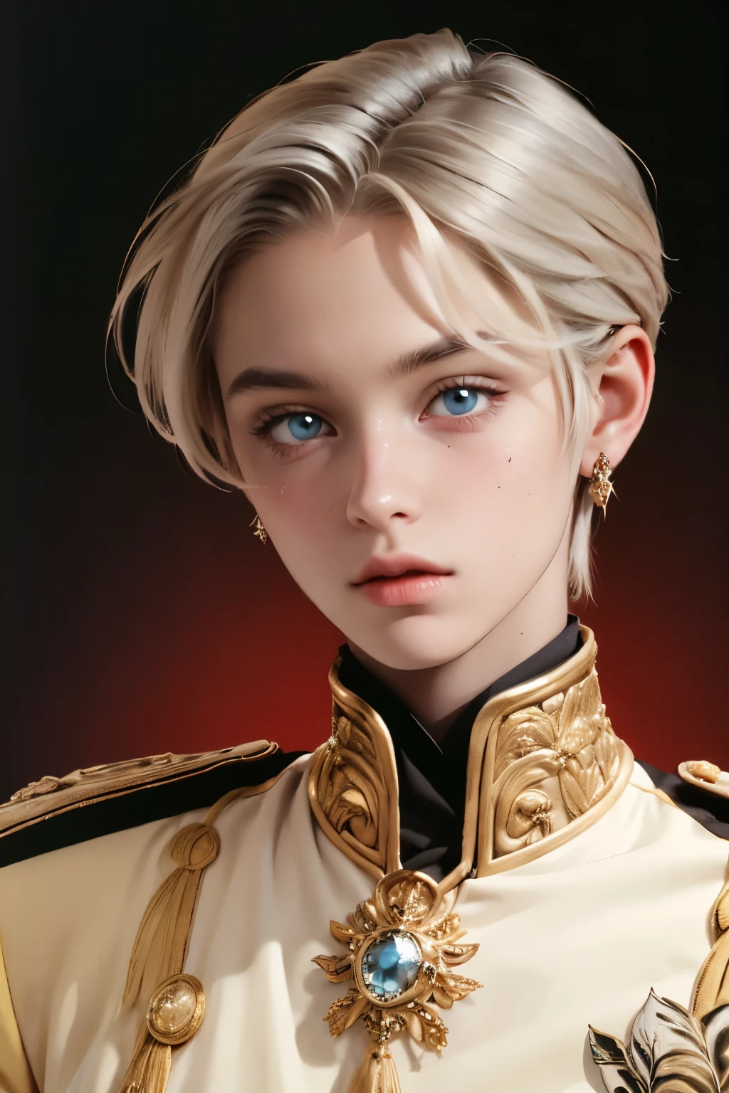 a young 18 year old boy, cute appearance, wearing light colored royal attire with silver details, ((very light hair)), bright crystal blue eyes, ((cute and highly detailed face)), elegant pose