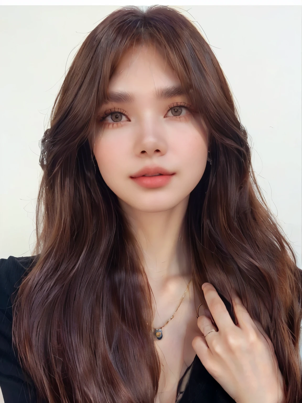 a closeup of a woman with long brown hair and a necklace, brown pelo largo con flequillo, pale skin suave natural, Brown hair with bangs, cara redonda y suave, coral brown hair, long red brown hair, brown bangs, pale skin, suave e impecable, reddish brown hair, pretty face with brown and red hair, Peinado recto, con cara redonda, pelo largo con flequillo