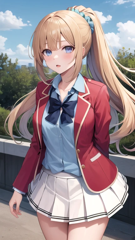 masterpiece, best quality, highres, bbkei, long hair, blonde hair, ponytail, hair scrunchie, collarbone, blue bowtie, collared shirt, blue shirt, red jacket, blazer, open jacket, long sleeves, pleated skirt, white skirt, outdoors, standing, cowboy shot,