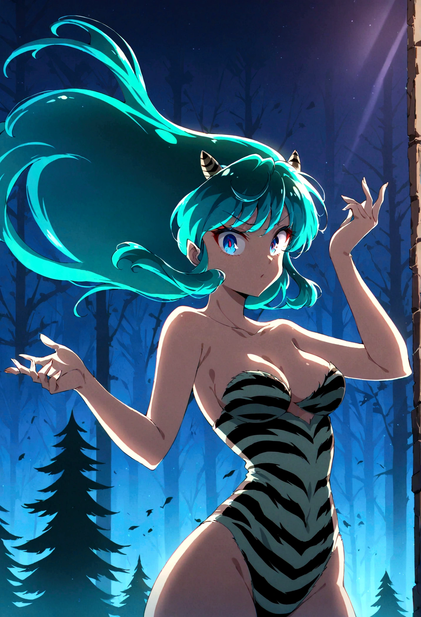 (score_9, score_8_up, score_7_up), lum, solo, long hair, breasts, dark blue eyes, eyeshadow, dark green hair, bangs, tiny tiger-stripped horns, aqua hair, tsundere, 4k, intricately detailed, source_anime, forest, abandoned ruins in the forest, ((flying, floating in air, flyover trees, floating hair, wide view, from far), dynamic pose, sexy pose, casting electrical spell, (thunderbolt in hand), evening, night, moonlight, ultra detail, detail eyes, detail face, good face, glamour, ray tracing, natural lighting, perfect lighting, perfect white balance, threatening, threatens the viewer, evil, horny, look at viewer,