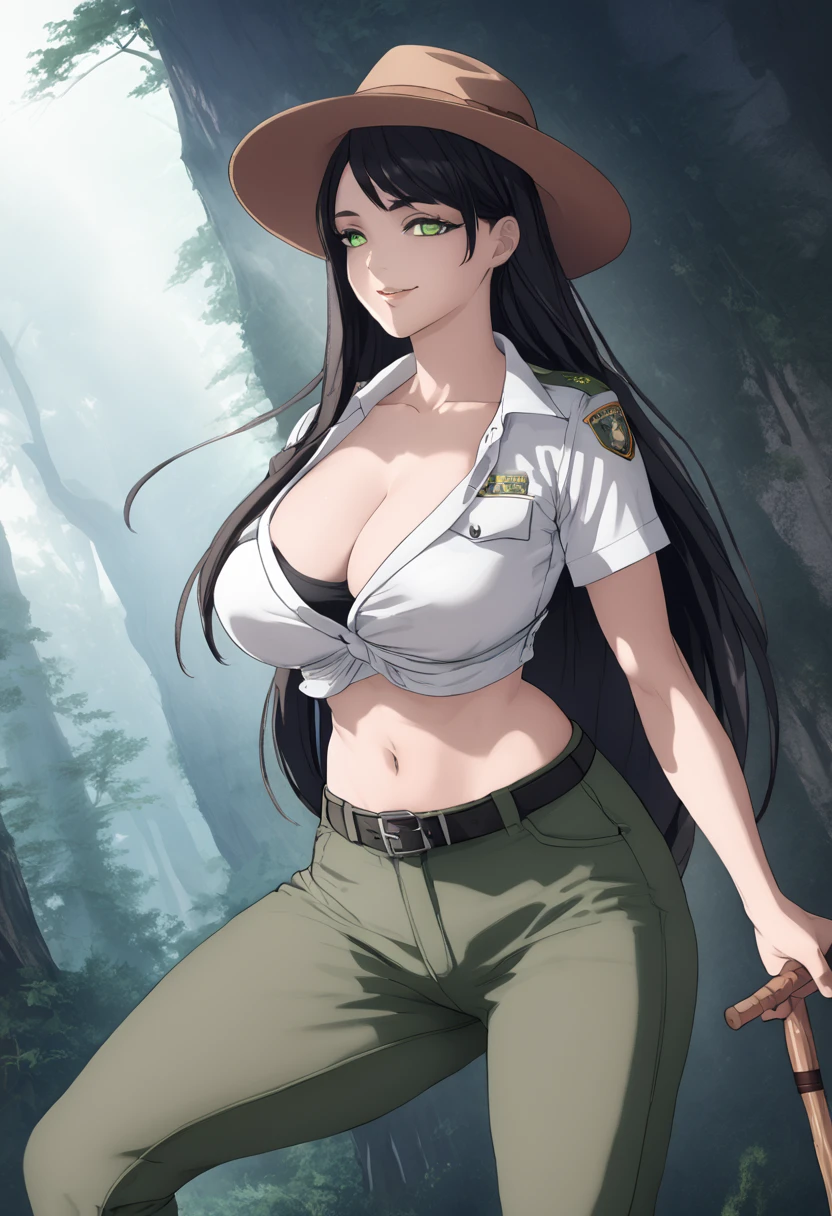 detailed illustration (side view),dynamic angle,ultra-detailed, illustration, pose for the camera, smiling at viewer, clean line art, shading, anime, detailed eyes, detailed face, beautiful face, dramatic lighting,detailed illustration, dynamic angle, ultra-detailed, illustration, 1girl, late 20’s year old, sensual face, gorgeous face,
Beautiful woman, Asian woman, long thick black hair, park ranger, national park service ranger, walking up a forest mountain trail, walking stick, park ranger hat, ranger hat, large brim hat, green pants, khaki shirt, tight shirt, top buttons undone, showing a little cleavage, long hair, long hair reaching lower back, slant eyes, ara ara energy, hips
