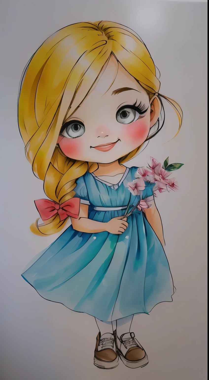 um close do desenho de uma garota sorrindo, garota de vestido, inspirado em Claire Hummel, desenho fofo, desenho de desenho animado, por Cicely Hey, garota chibi, desenho colorido, retrato de uma linda garota, vestido e rosto detalhados, personagem de desenho animado fofo, fofo de desenho animado, desenho colorido, caricatura, jovem, marca d'Water:-1