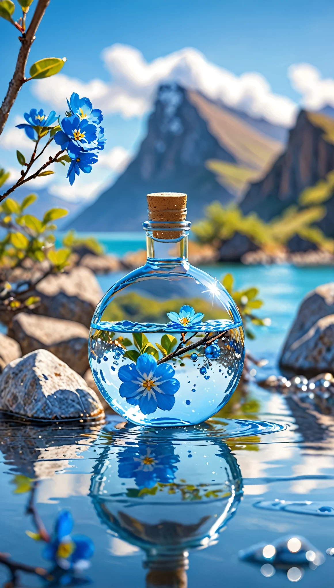 Outdoor, bottle, water, without humans, still life, blurry, bubble, scenery, water drop, ocean, day, sky, blue sky, cloud, blurry background, depth of field, reflection, solo, rock, motion blur, mountain, Blue flowers, branch, ice